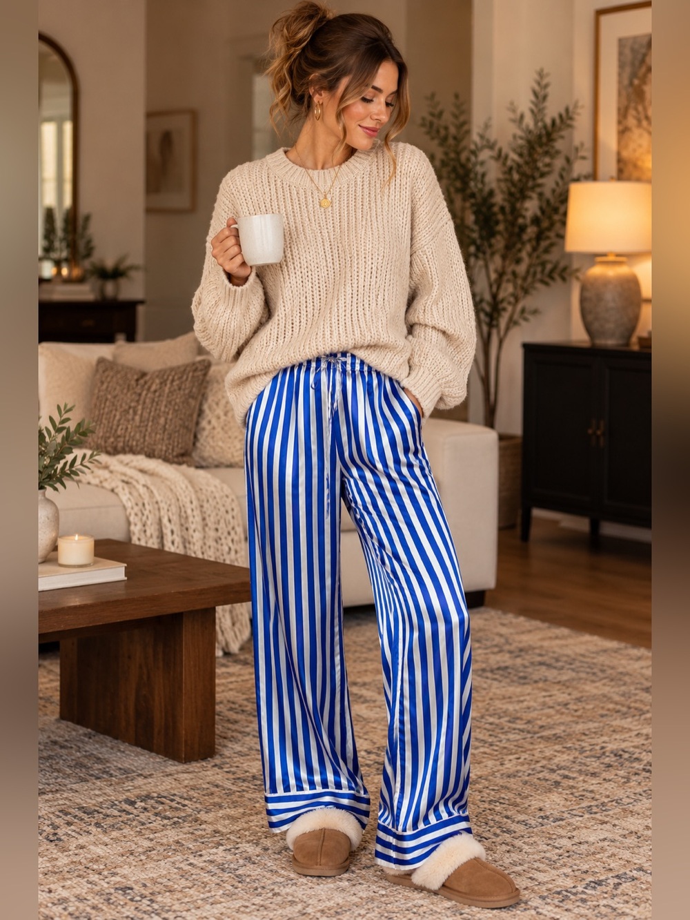 Show Me Your Mumu Blue White Stripe Satin Wide Leg Pants Size S NWOT